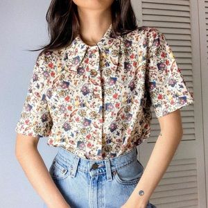 Vintage 70s Bird Floral Print
Collared Button Shirt Top